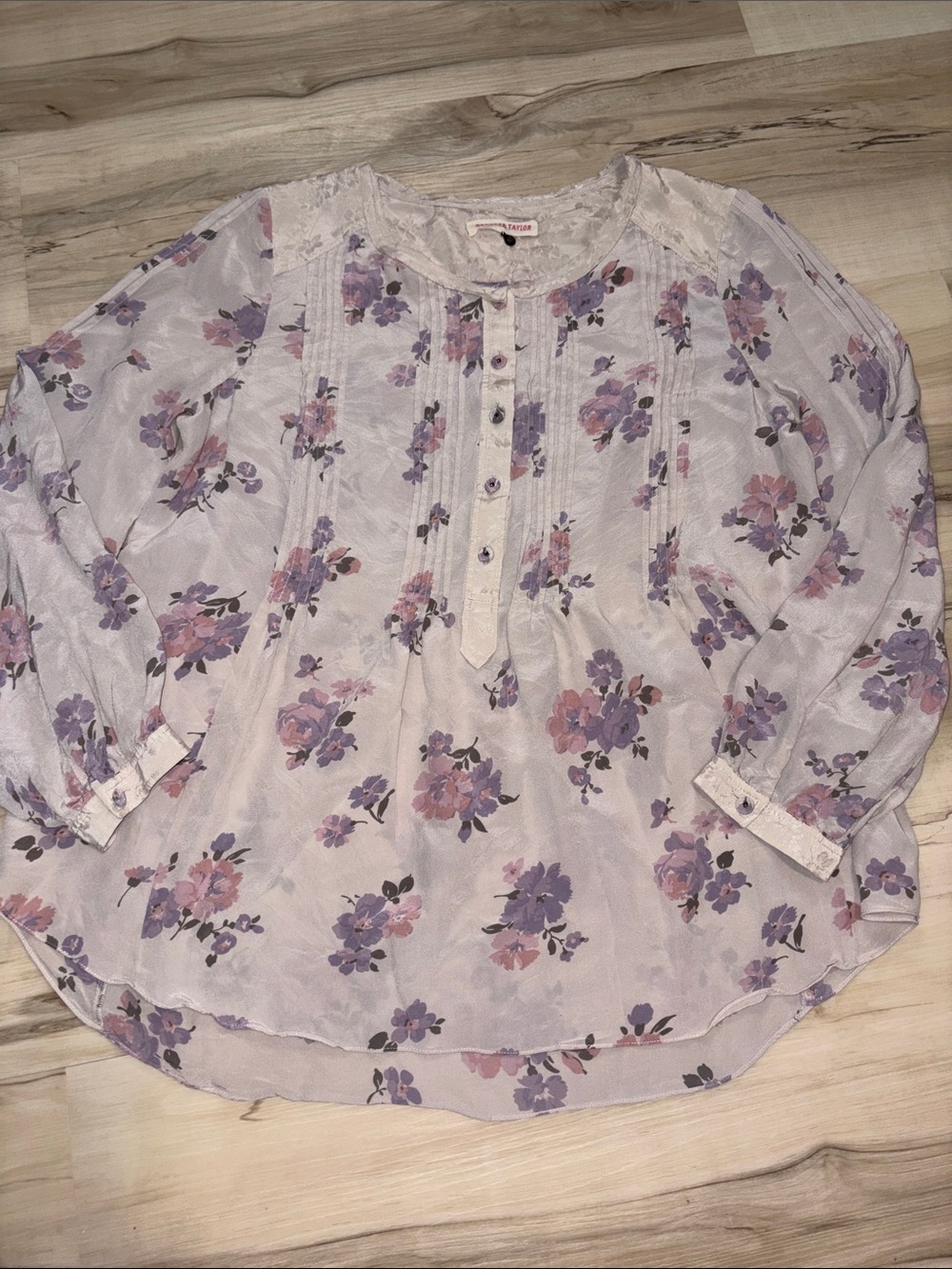 REBECCA TAYLOR Silk Floral Pintuck Henley Blouse Size 12 designer boho office